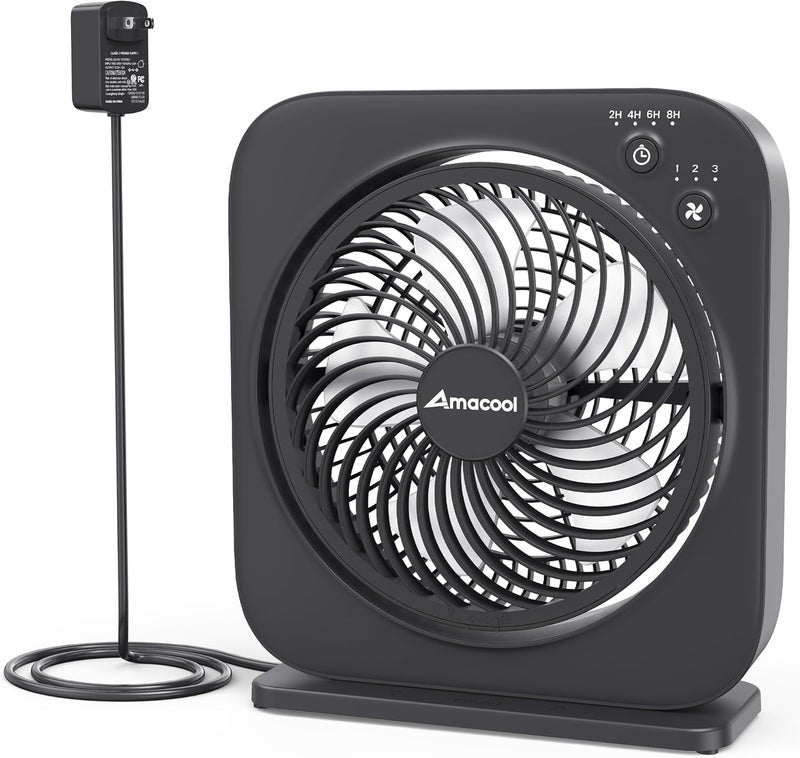 AMACOOL Table Fan, 12 inch Box Fan with 3 Adjustable Speeds & 8HRS Timer, 270° Pivoting Quiet Air Circulator, Desktop Fan for Bedroom Bathroom Kitchen Office, AC Adapter Included-Black - Image 1